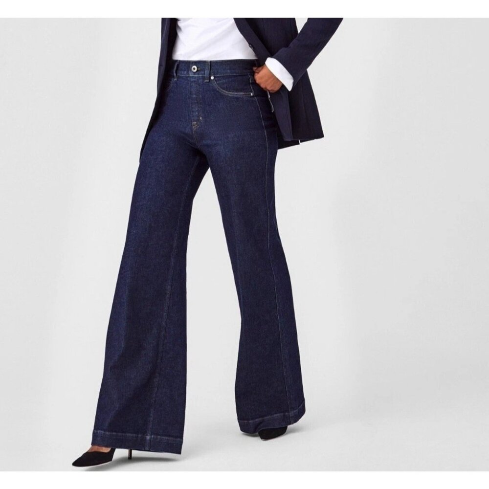 Spanx Denim Women’s Flare Pull On Jeans Size L Raw Indigo Blue High Rise New